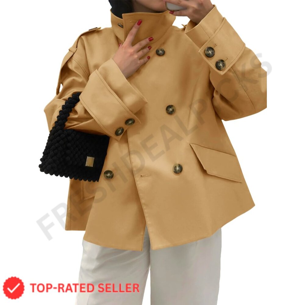 Cropped Trench Coat Oversized Double Breasted Stand Collar Short Jacket